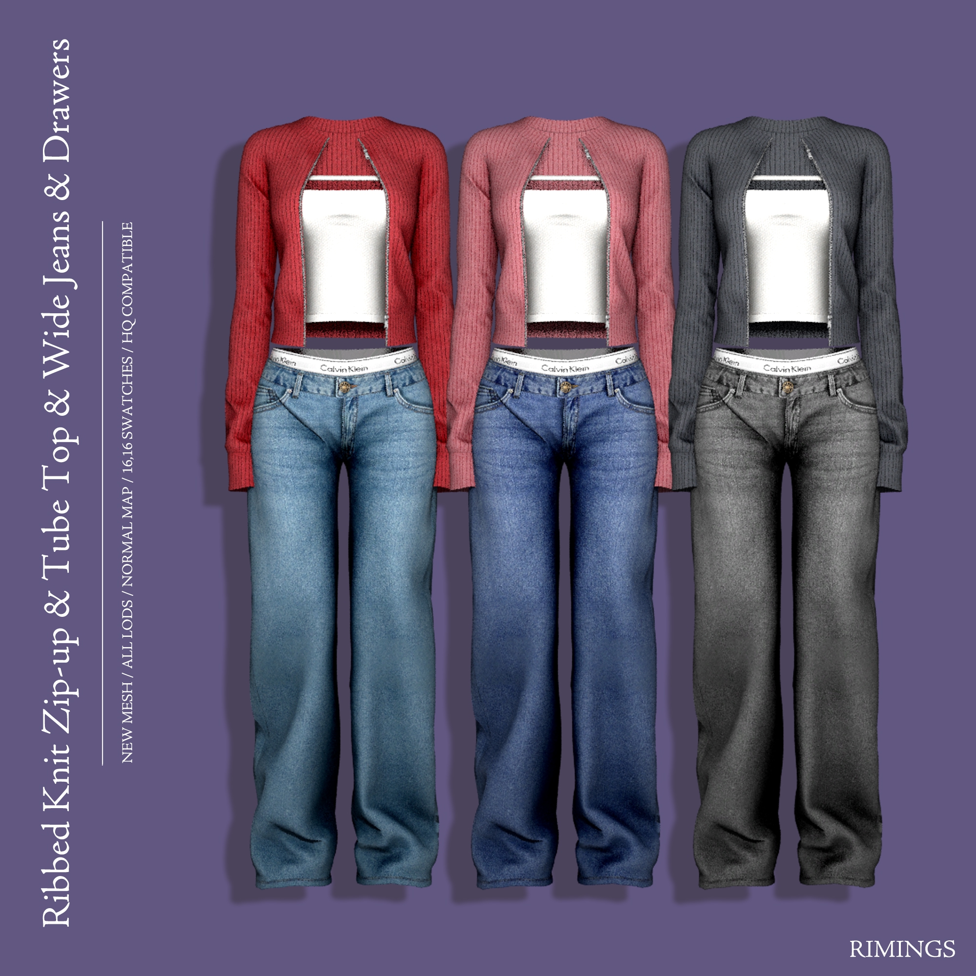 [RIMINGS] Ribbed Knit Zip-up & Tube Top & Wide Jeans & Drawers для Симс 4. Скачать мод