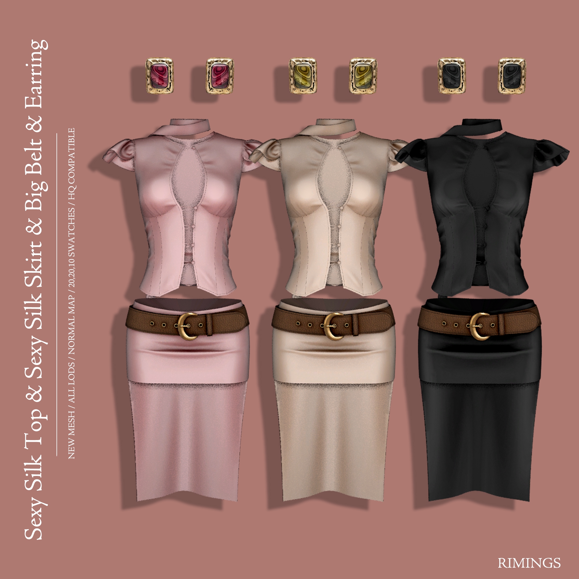 [RIMINGS] Sexy Silk Top & Silk Skirt & Big Belt & Earring для Симс 4. Скачать мод
