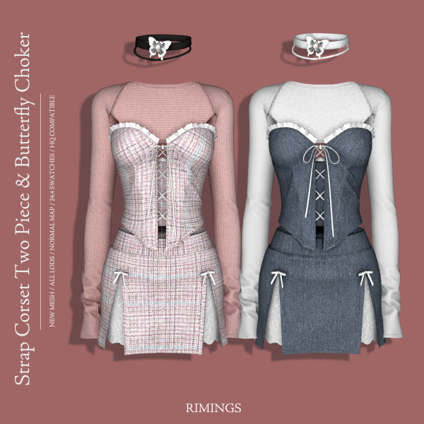 [RIMINGS] Strap Corset Two Piece & Butterfly Choker   для Симс 4. Скачать мод