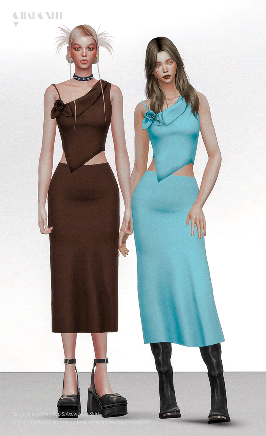 Sandy Liang Dory Top & Axew Maxi Skirt для Симс 4. Скачать мод