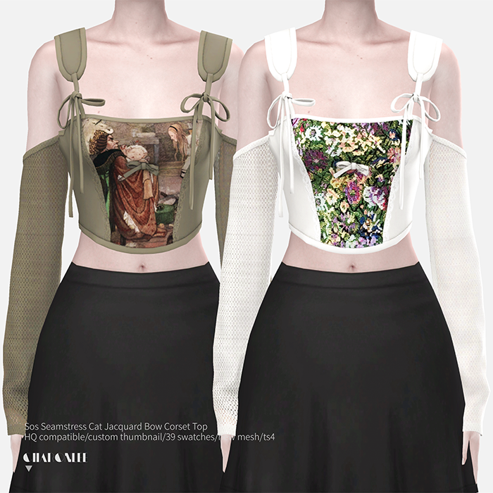 Sos Seamstress Cat Jacquard Bow Corset Top для Симс 4. Скачать мод