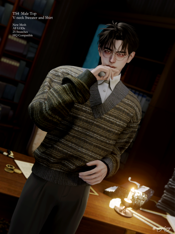 TS4 male V-neck Sweater and Shirt by saengchung для Симс 4. Скачать мод