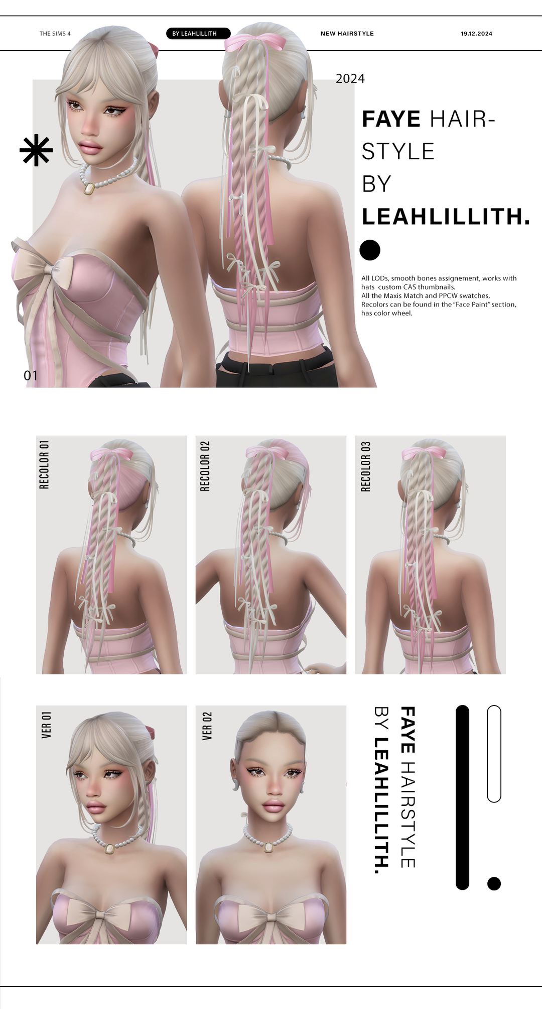 Женская прическа и аксессуар для волос - Faye Hairstyle + Bows Accessories для Симс 4. Скачать мод