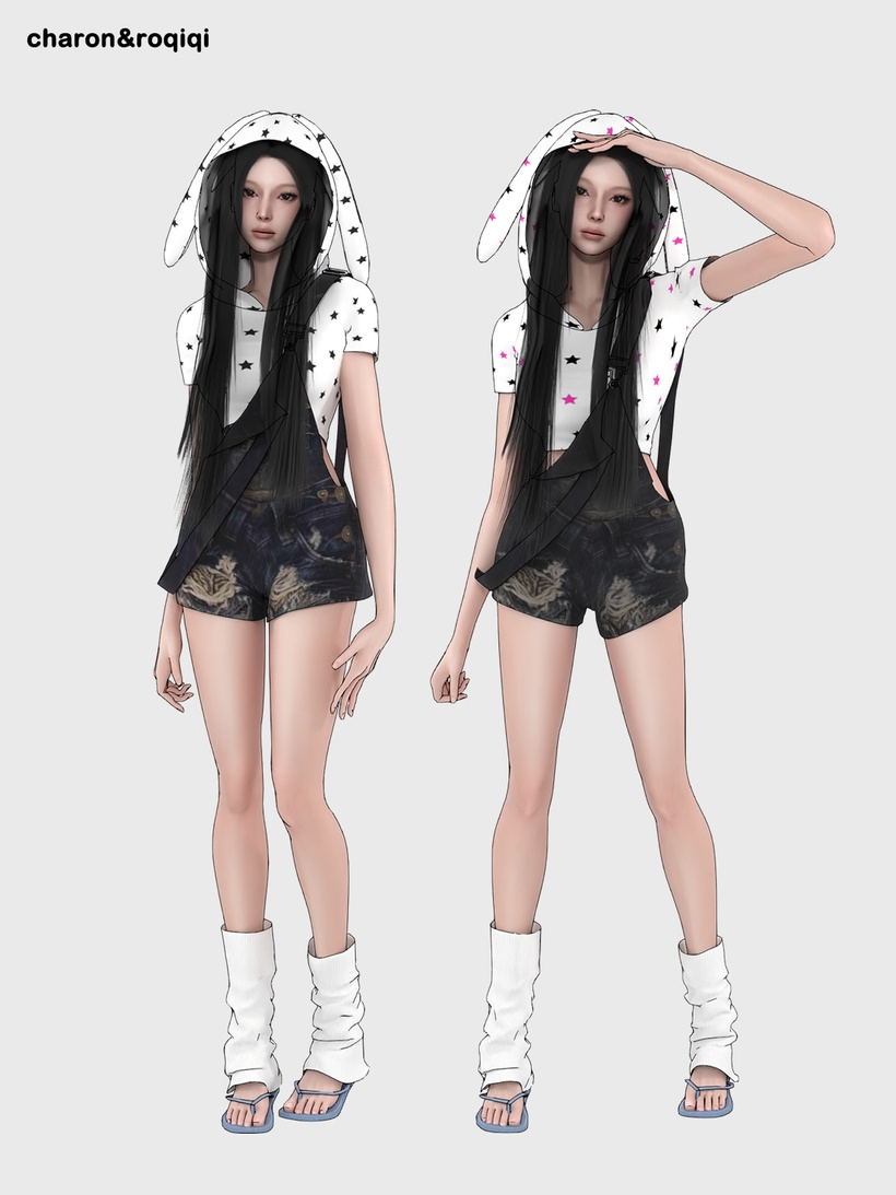🐰[charon&roqiqi] Distressed denim overalls suit для Симс 4. Скачать мод