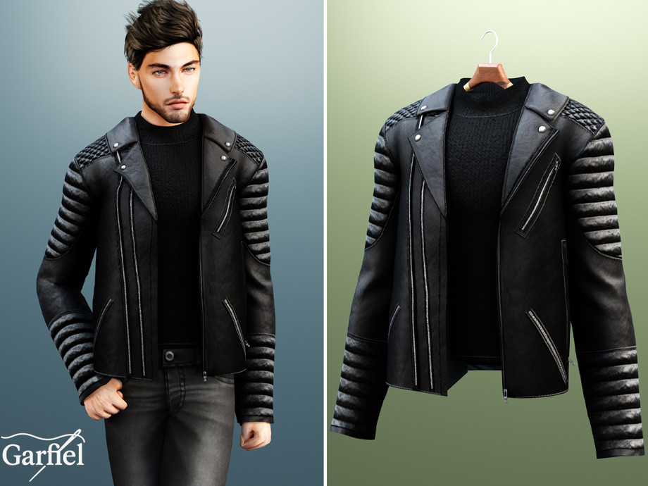 Garfie - Black biker jacket with quilted sleeves для Симс 4. Скачать мод