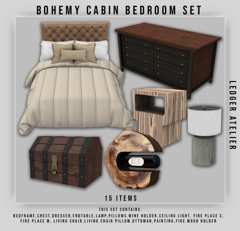 Ledger Atelier - Bohemy Cabin Bedroom Set для Симс 4. Скачать мод
