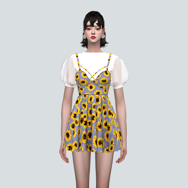 🌻Платье - See-through Puff Sleeves Bustier Mini Dress Pattern для Симс 4. Скачать мод