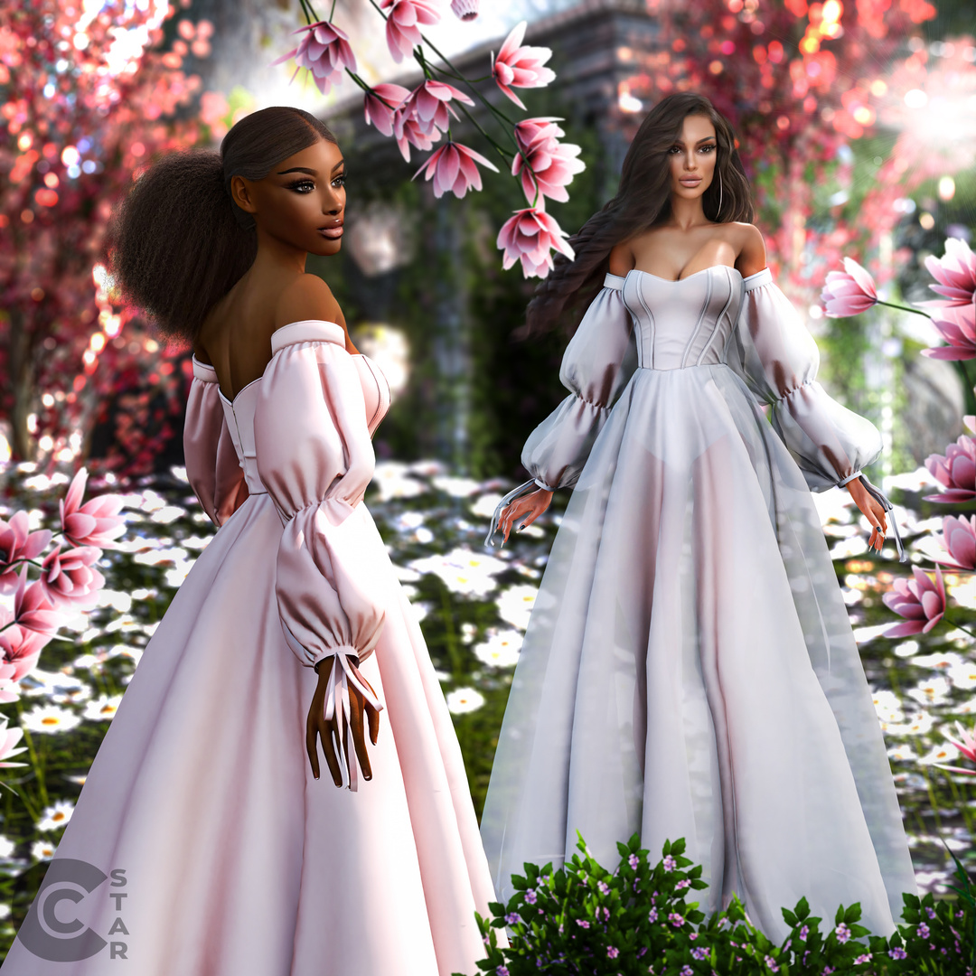 Платье - Wedding Dress with Puff Sleeves and Satin Corset SET 2 STYLES для Симс 4. Скачать мод