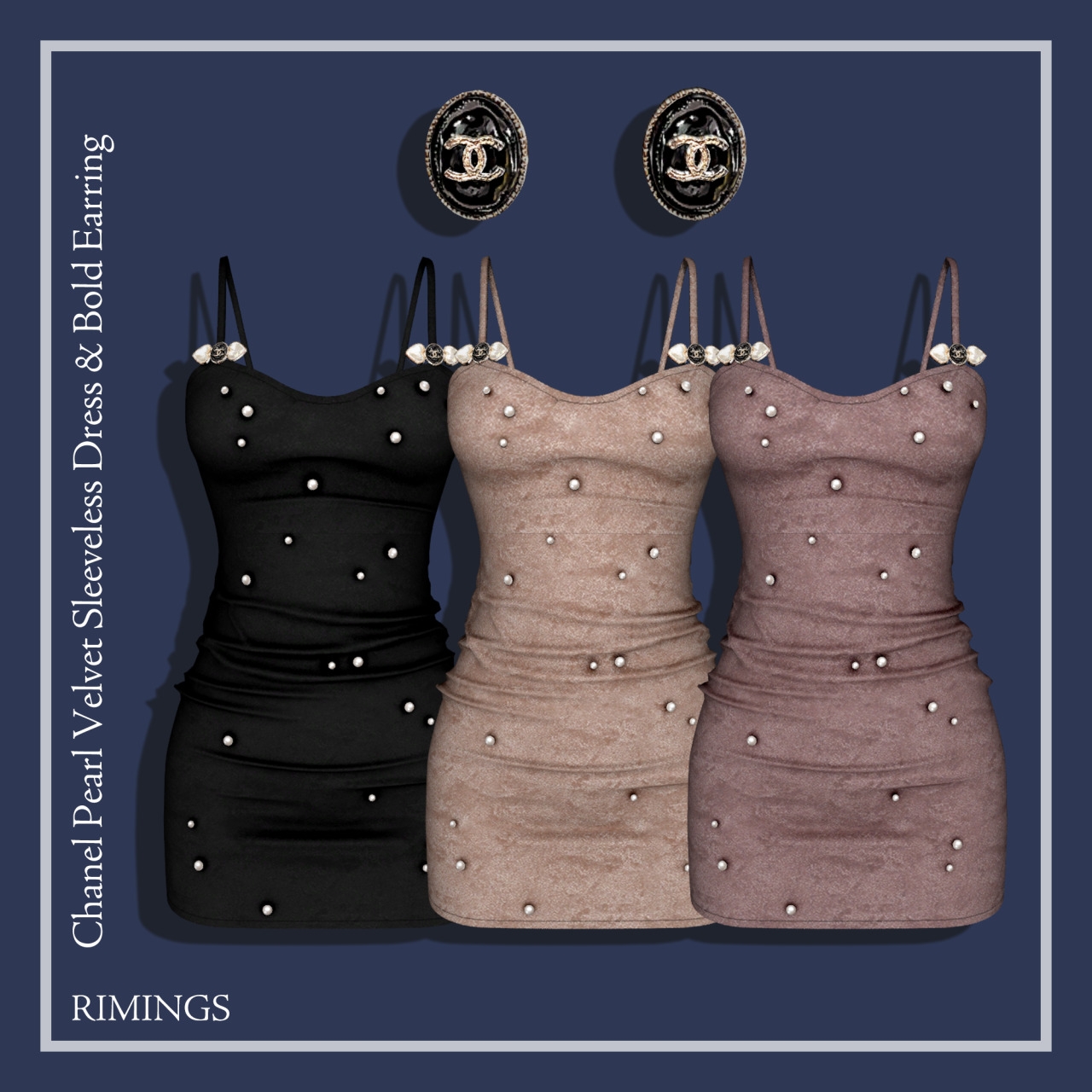 [RIMINGS] Chanel Pearl Velvet Sleeveless Dress & Bold Earring для Симс 4. Скачать мод
