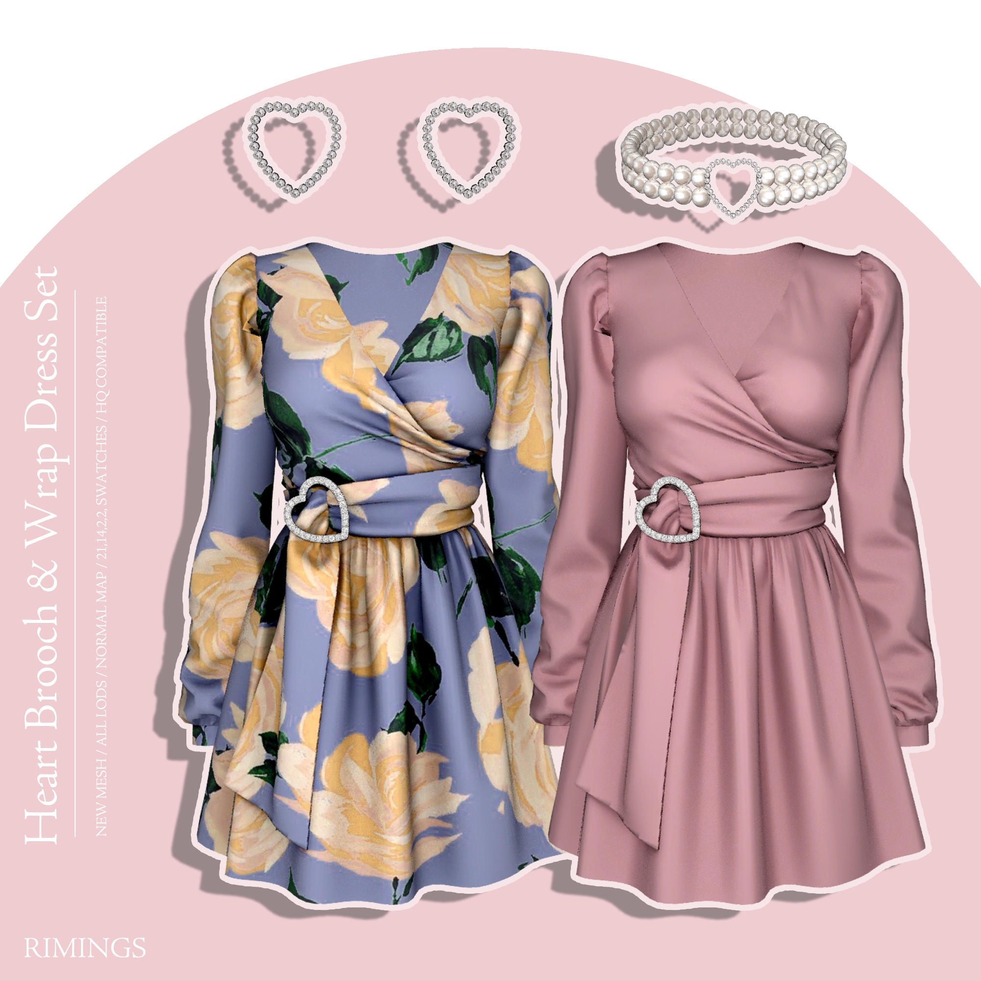 [RIMINGS] Heart Brooch & Wrap Dress Set (Early Access) для Симс 4. Скачать мод