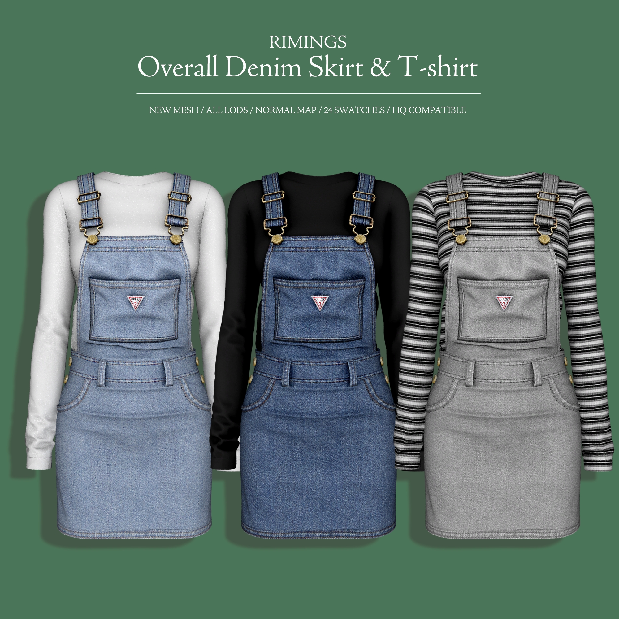 [RIMINGS] Overall Denim Skirt & T-shirt для Симс 4. Скачать мод