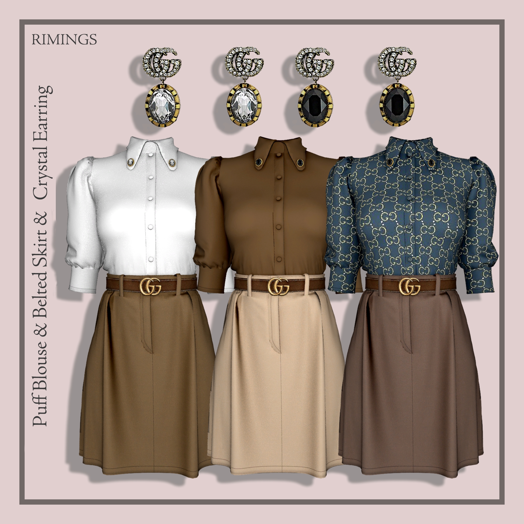 [RIMINGS] Puff Blouse & Belted Skirt & Earring для Симс 4. Скачать мод