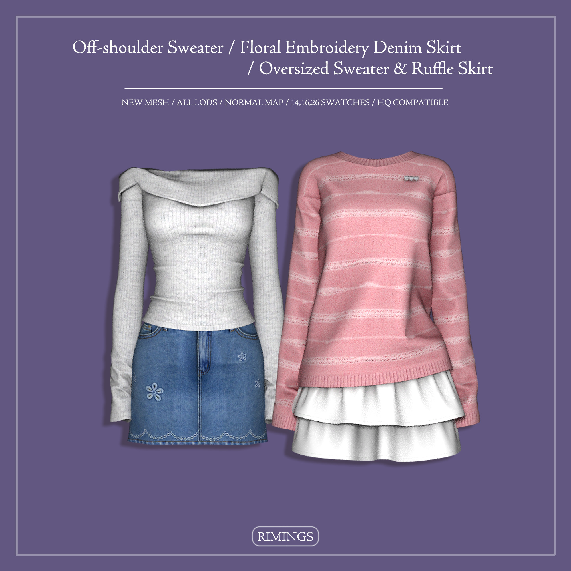 Off-shoulder Sweater / Floral Embroidery Denim Skirt / Oversized Sweater & Ruffle Skirt для Симс 4. Скачать мод