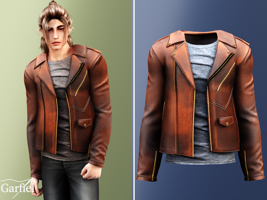 Garfiel - Adult - Worn-leather biker jacket with tee для Симс 4. Скачать мод Картинка мода