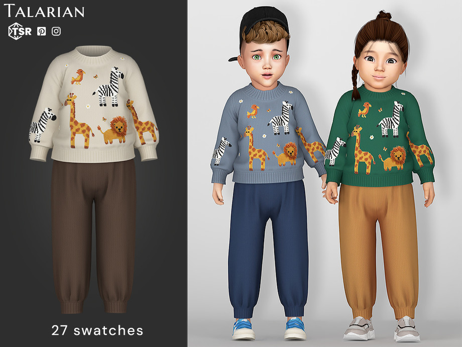 Вязаный наряд тоддлерам - talarian - Hallie Knitted animal print outfit для Симс 4. Скачать мод Картинка мода