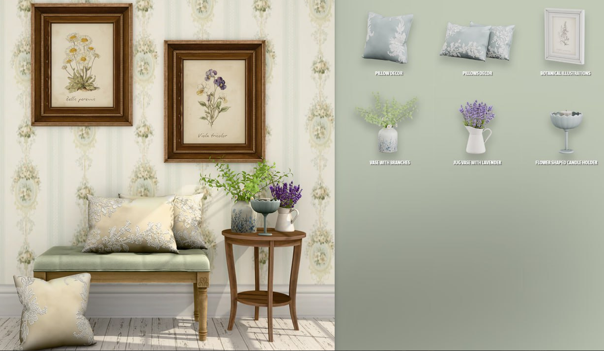 請Modco - Olivia Shabby Chic Bedroom Decor для Симс 4. Скачать мод Картинка мода