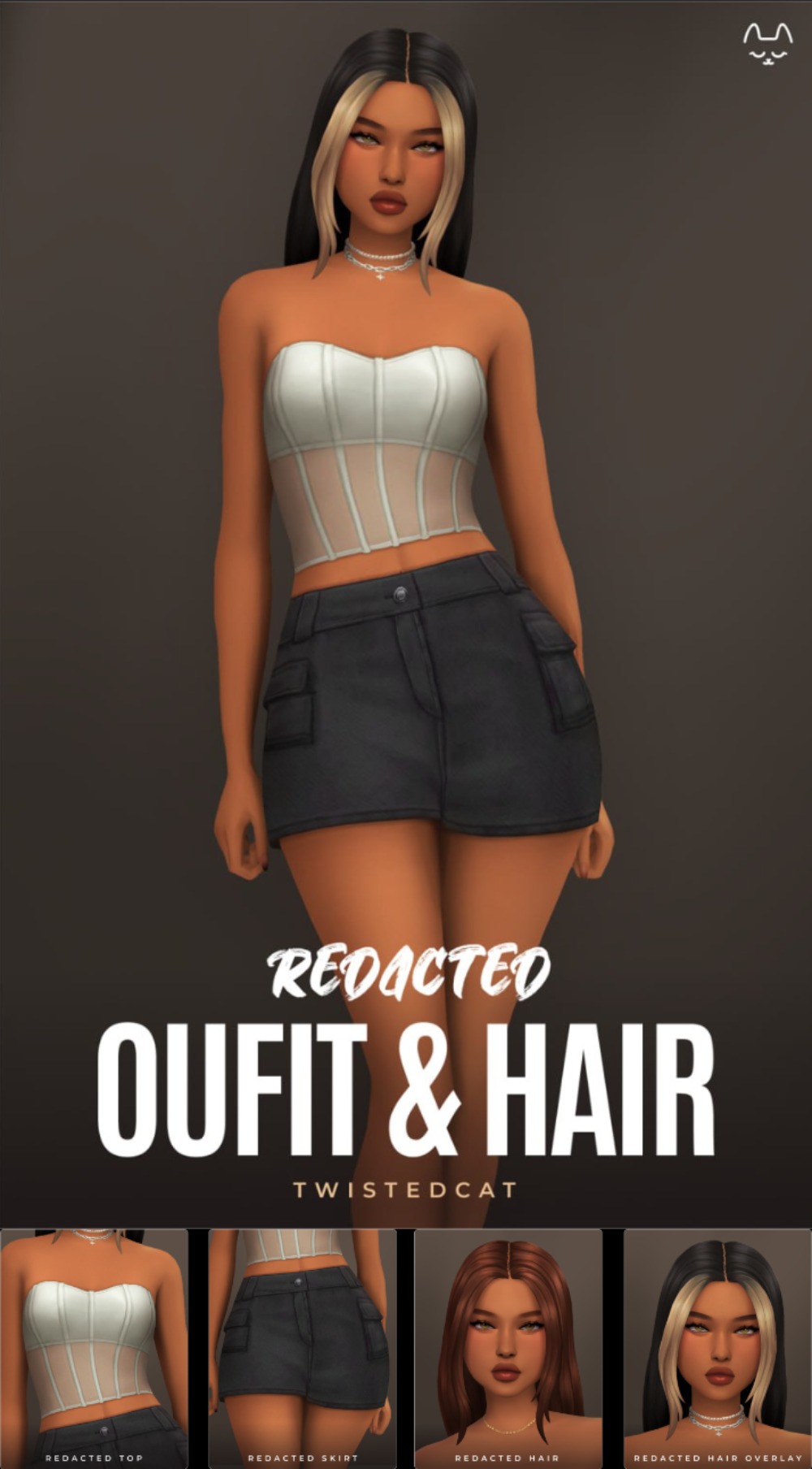 Набор одежды + прическа женская - TwistedCat - Redacted Set Outfit для Симс 4. Скачать мод Картинка мода