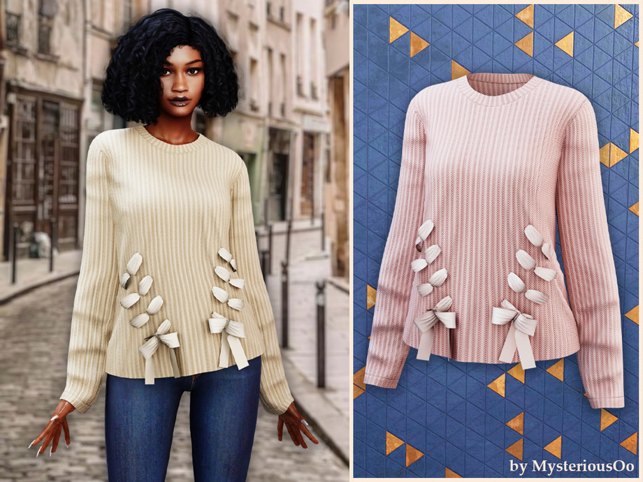 MysteriousOo - Ribbed knit sweater with bows для Симс 4. Скачать мод Картинка мода