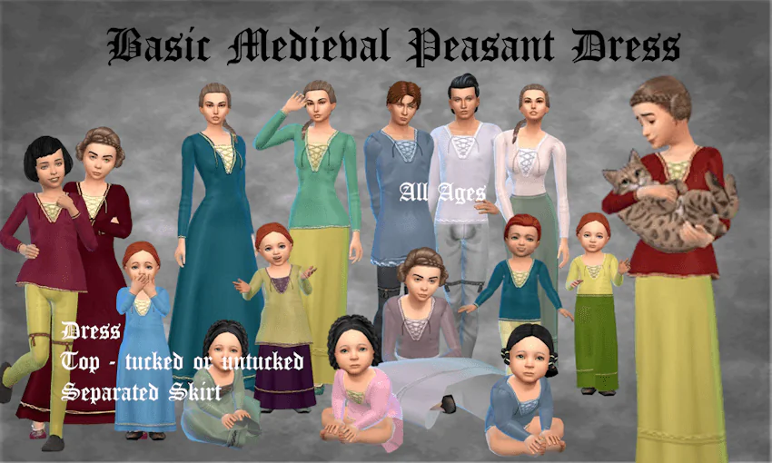 Basic Medieval Peasant Dress for all ages + tops, separated skirt
