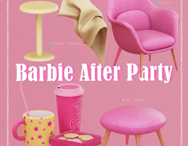 Barbie After Party CC Set by SNOOTYSIMS | Chair / Mini Chair / Coffee Table / Decor / Chair Cover