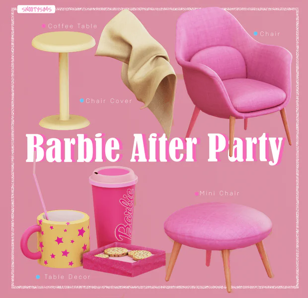 Barbie After Party CC Set by SNOOTYSIMS | Chair / Mini Chair / Coffee Table / Decor / Chair Cover