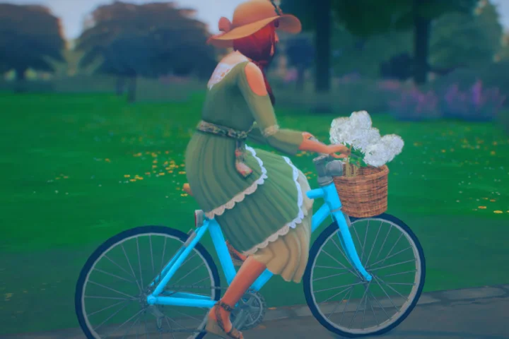 A bicycle with lilac in basket