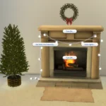 Fireplace with string lights and log tree basket