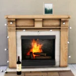 Fireplace with string lights and log tree basket