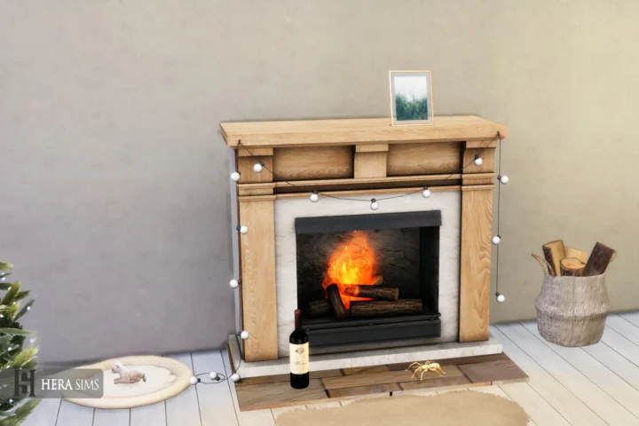 Fireplace with string lights and log tree basket