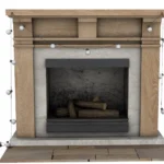 Fireplace with string lights and log tree basket