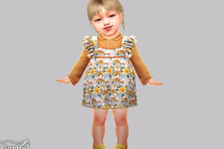 Infant - Floral ruffle pinafore layered over a collared blouse
