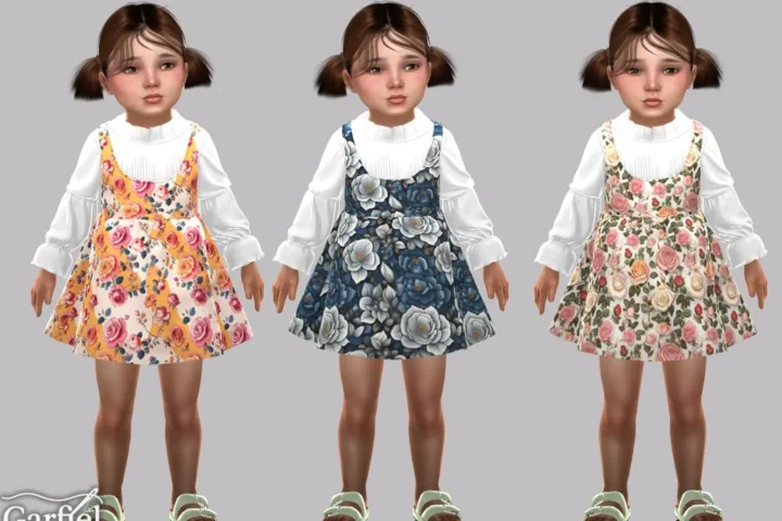Toddler - Floral pinafore dress with pleated high neck blouse