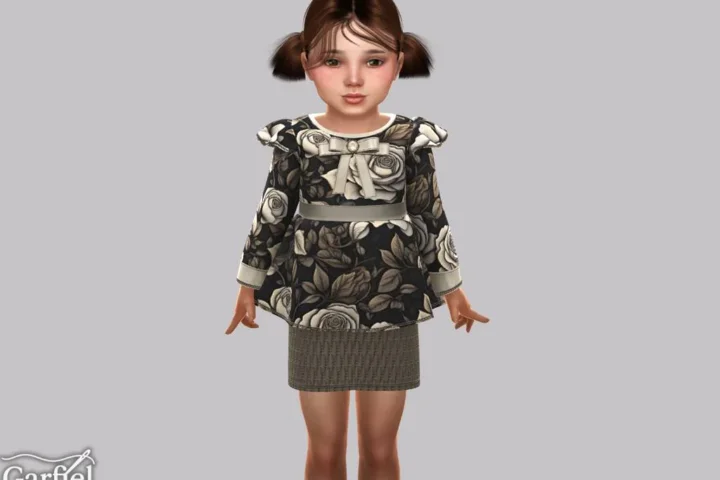 Toddler - Rose print dress with bow and knit skirt