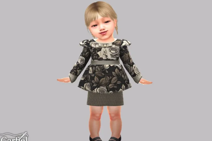 Infant - Rose print dress with bow and textured skirt