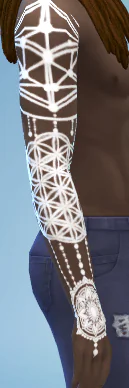 A white ink full-arm sleeve tattoo with sacred geometry and mandala patterns, made for dark skin tones.