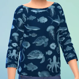 A cozy long-sleeve sweater for boys featuring a detailed all-over ocean life and sea creature pattern.