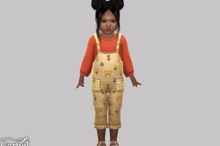 Toddler - Bear print overalls with gingham pocket details