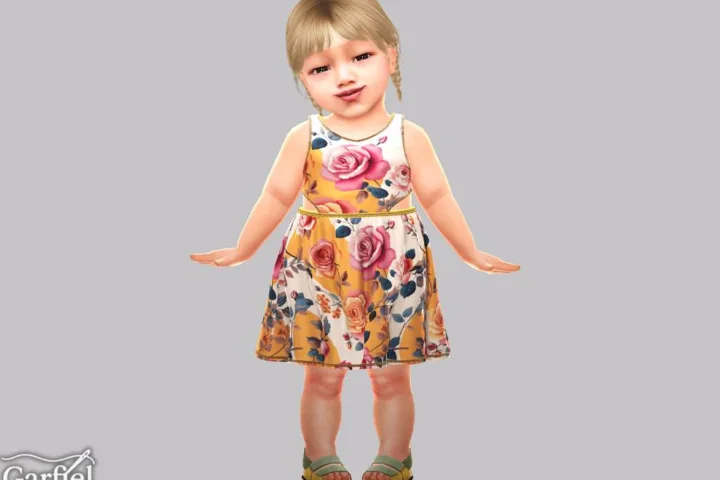 Infant - Rose print cutout dress with gold trim