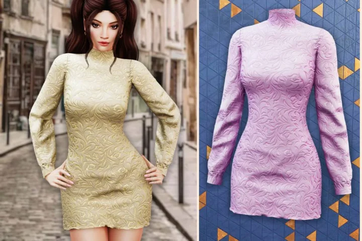 Embossed turtleneck mini dress