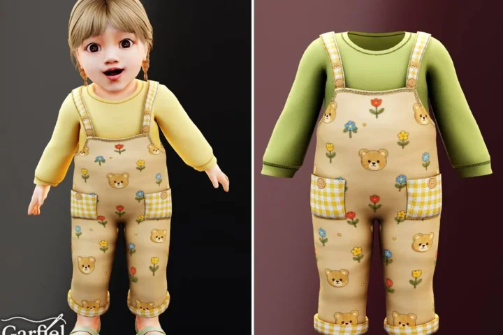 Infant - Bear print overalls with cheerful gingham pockets By Garfiel
