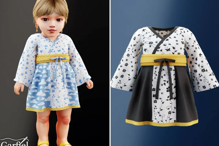 Infant - Kimono style dress with sash and cloud print