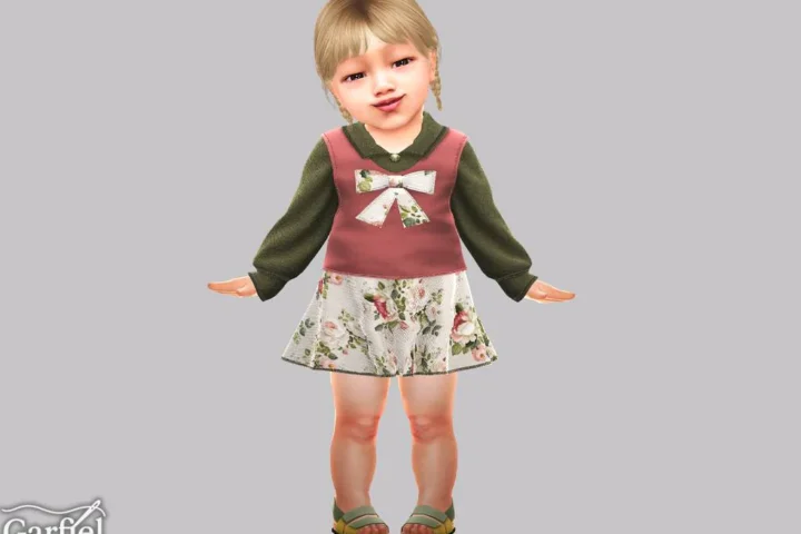 Infant - Layered collar dress with bow and floral skirt