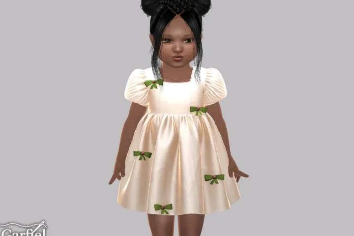 Toddler - Puff sleeve dress with scattered ribbon bow accents