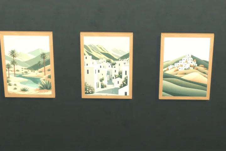 Paintings, village and oasis in the colored sand