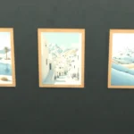 Paintings, village and oasis in the colored sand