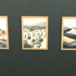 Paintings, village and oasis in the colored sand