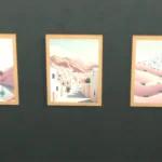 Paintings, village and oasis in the colored sand