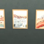 Paintings, village and oasis in the colored sand