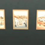 Paintings, village and oasis in the colored sand