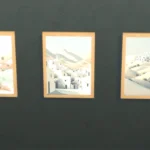Paintings, village and oasis in the colored sand